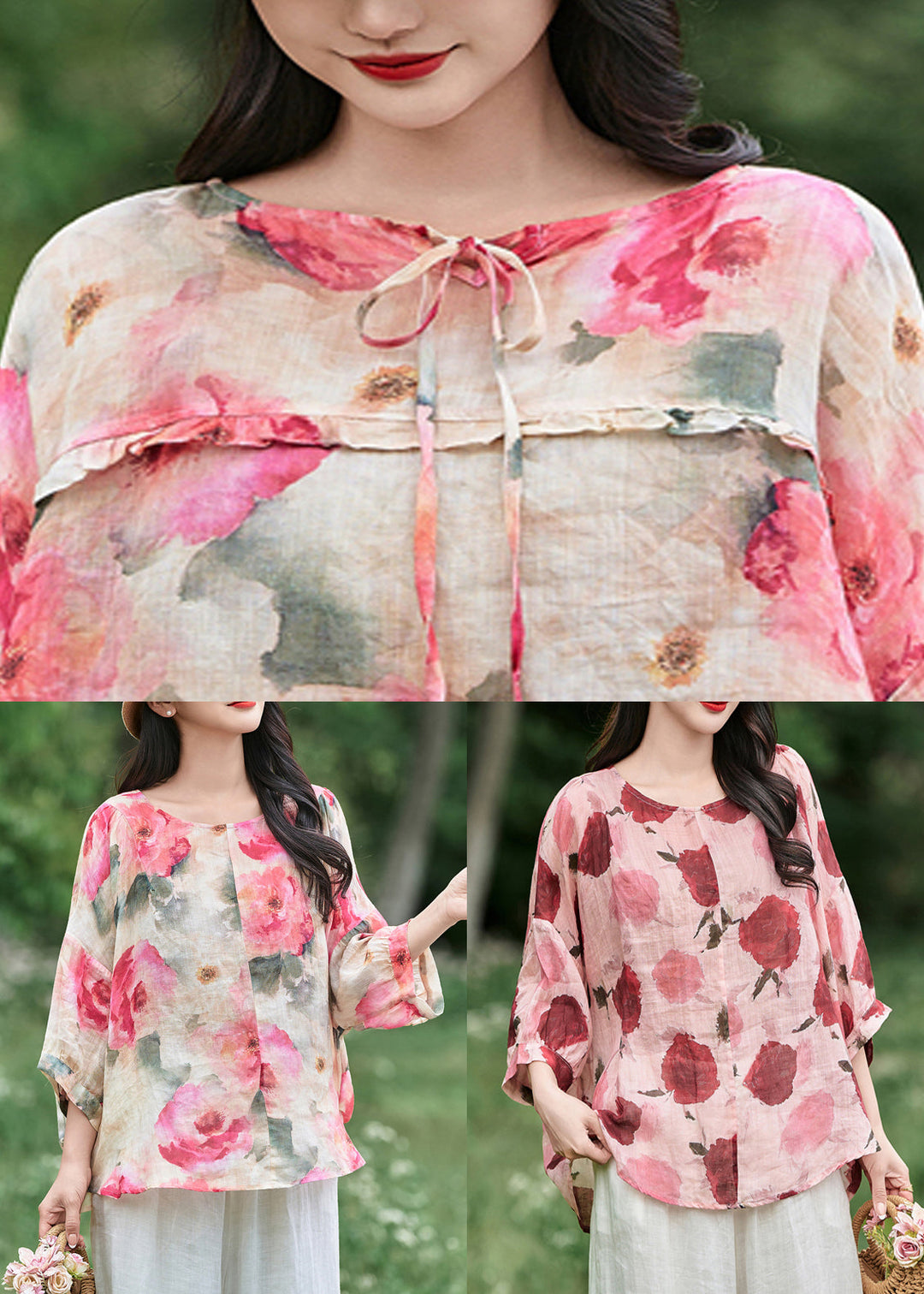 Pink Lace Up Ruffled Linen Blouses O Neck Bracelet Sleeve