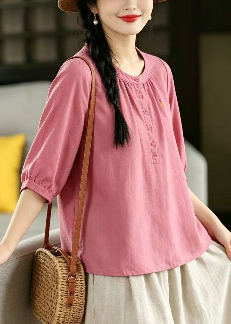 Pink Loose Cotton Blouses Embroidered Half Sleeve