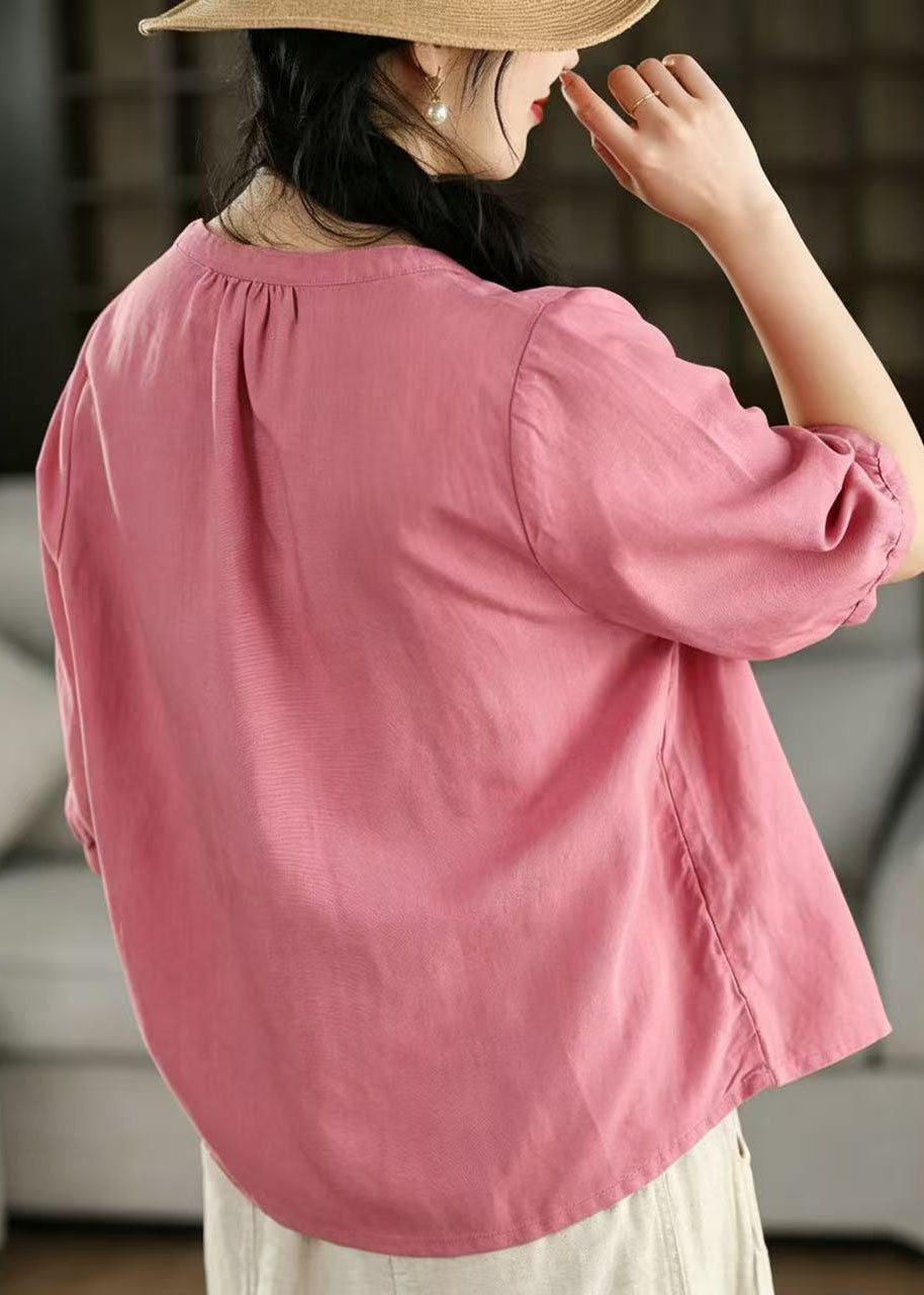 Pink Loose Cotton Blouses Embroidered Half Sleeve