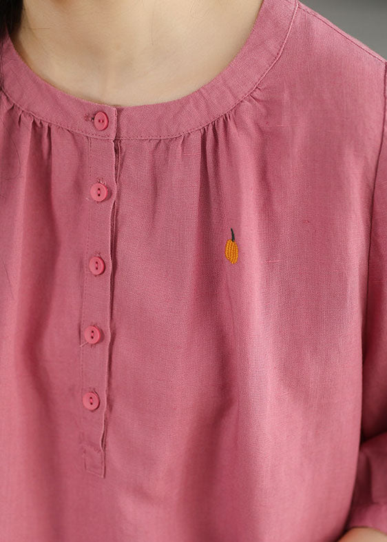 Pink Loose Cotton Blouses Embroidered Half Sleeve
