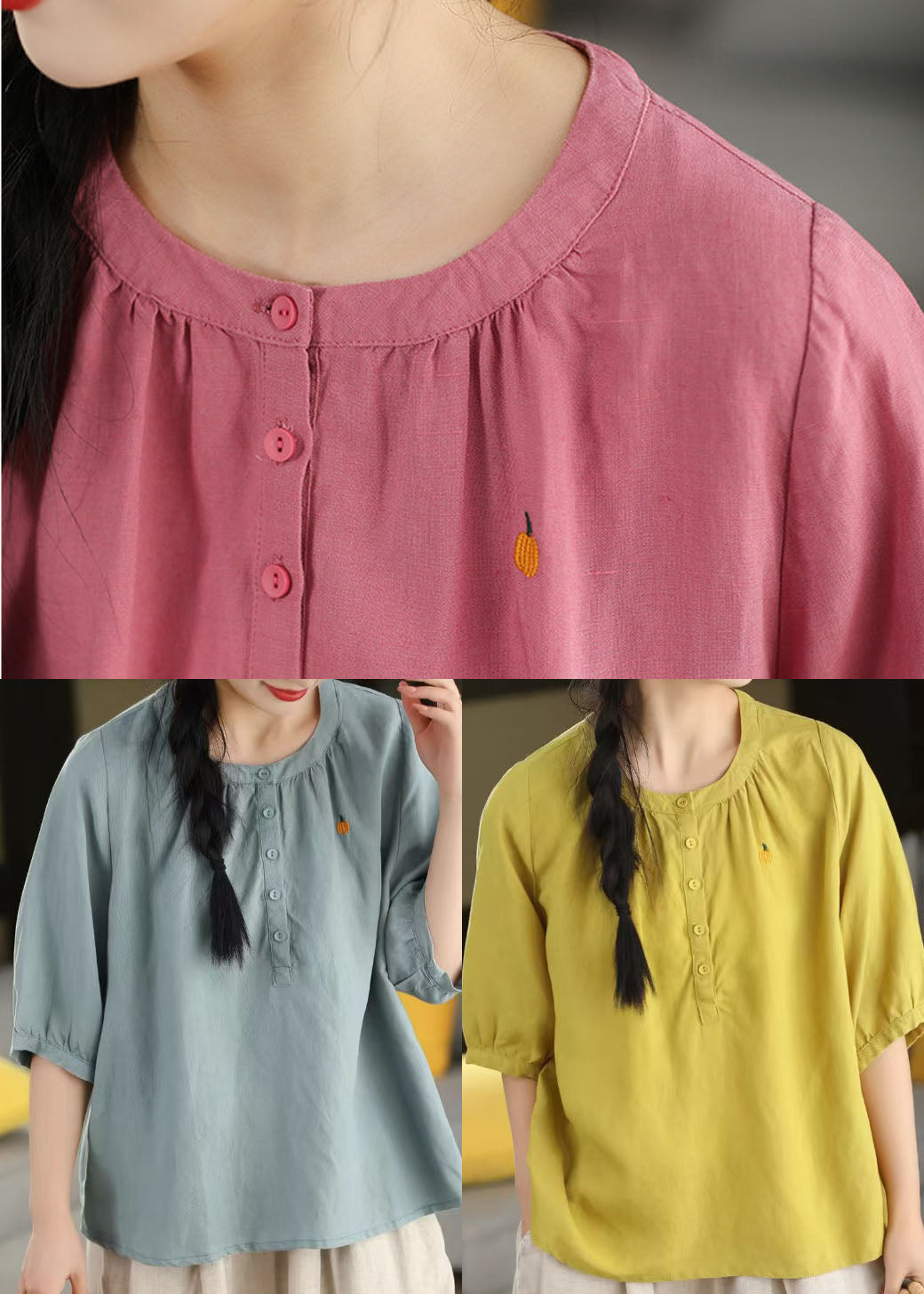 Pink Loose Cotton Blouses Embroidered Half Sleeve