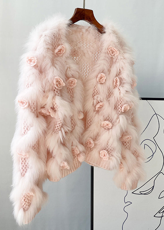 Pink Mink Hair Knitted Coats V Neck Winter