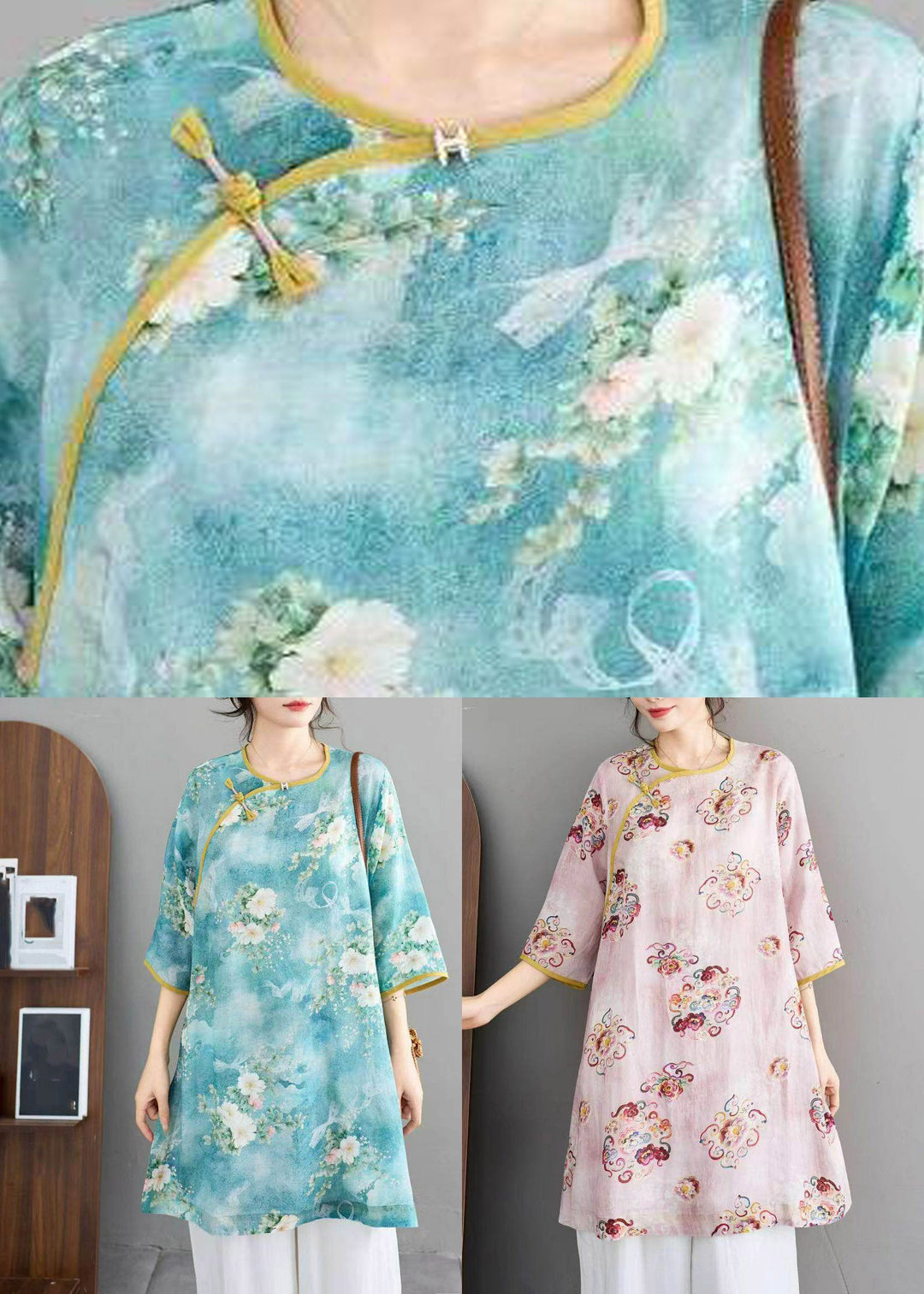 Pink O-Neck Button Linen Shirts Summer