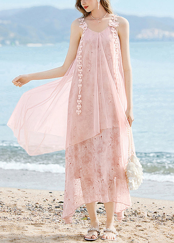 Pink O-Neck Tassel Silk Long Spaghetti Strap Dress Summer