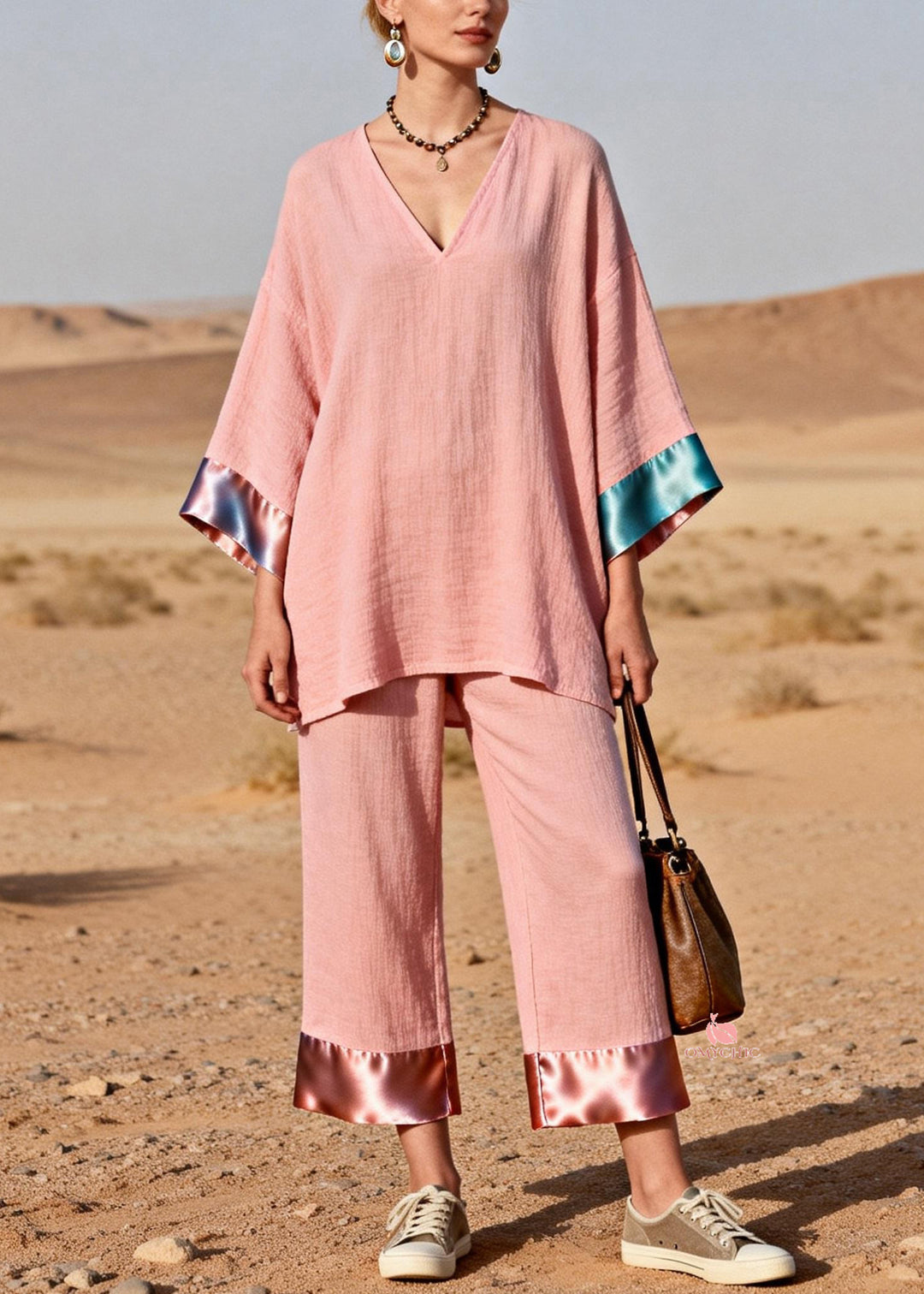 Pink Oversized Tops And Crop pants Silk Patchwork Two Pieces Set V Neck