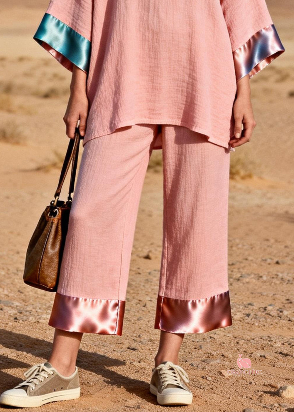 Pink Oversized Tops And Crop pants Silk Patchwork Two Pieces Set V Neck