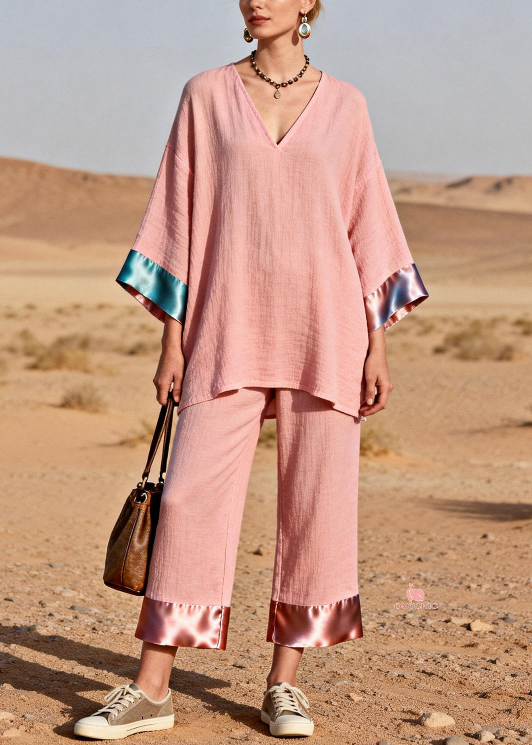 Pink Oversized Tops And Crop pants Silk Patchwork Two Pieces Set V Neck