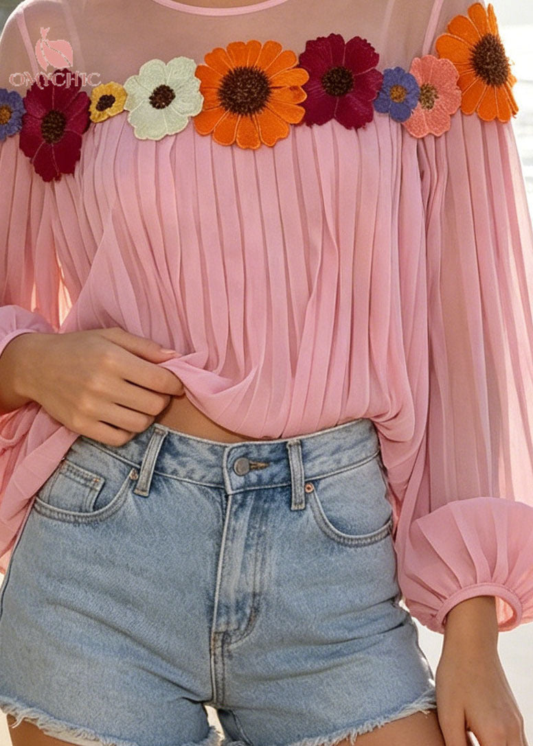 Pink Patchwork Chiffon Blouses Daisy Wrinkled Summer