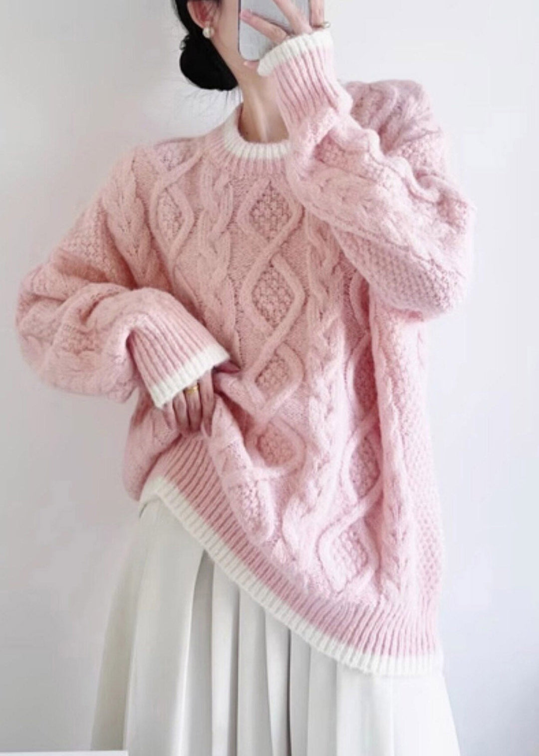 Pink Patchwork Cozy Cotton Knit Sweater Long Sleeve