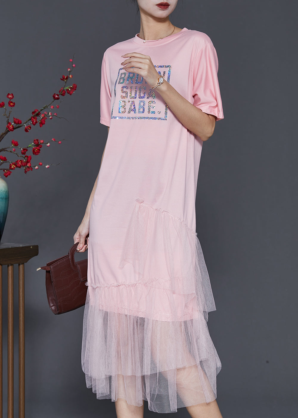 Pink Patchwork Tulle Cotton Holiday Dress Letter Print Summer