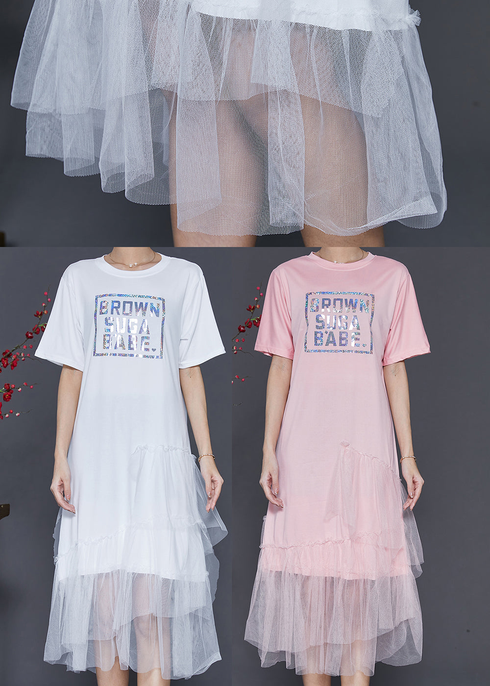 Pink Patchwork Tulle Cotton Holiday Dress Letter Print Summer