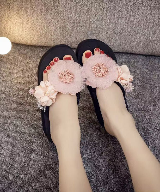 Pink Platform Faux Leather Unique Flower Thong Sandals
