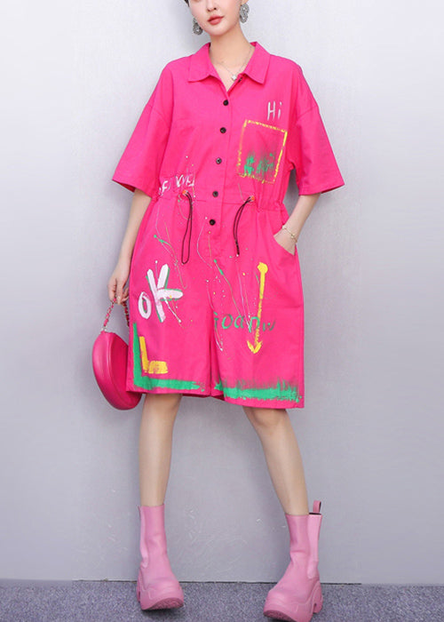 Pink Playful Graffiti Cotton Summer Jumpsuits Peter Pan Collar