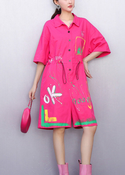 Pink Playful Graffiti Cotton Summer Jumpsuits Peter Pan Collar