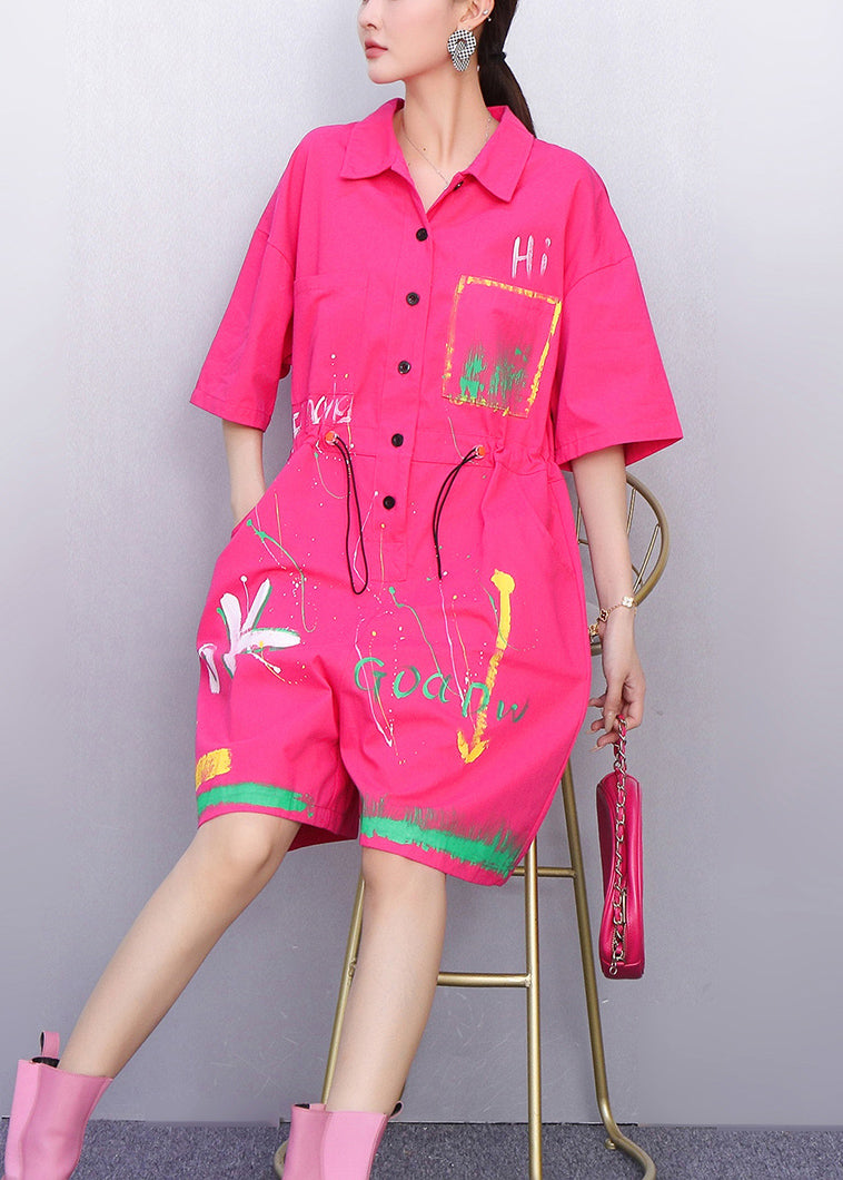 Pink Playful Graffiti Cotton Summer Jumpsuits Peter Pan Collar