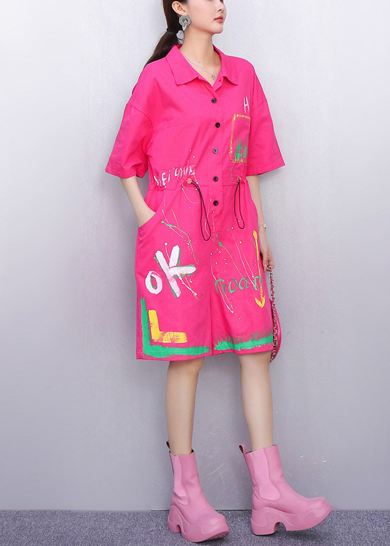 Pink Playful Graffiti Cotton Summer Jumpsuits Peter Pan Collar