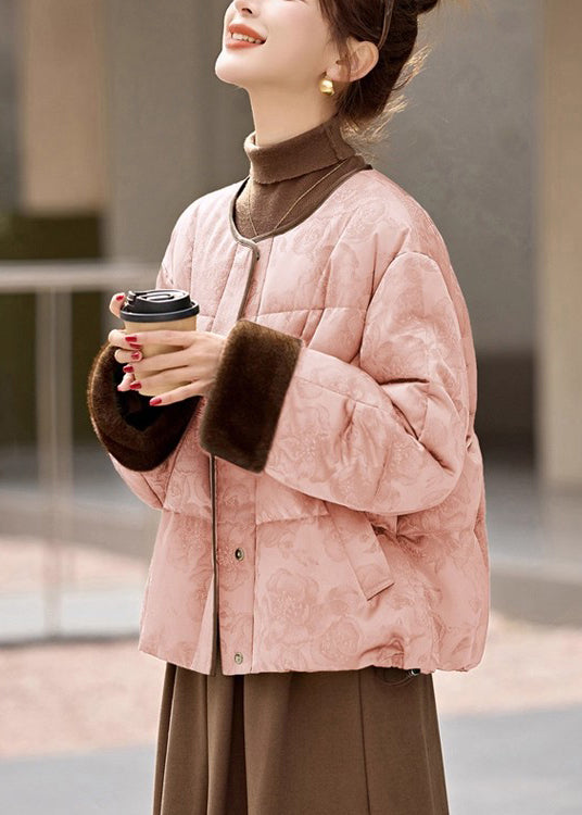 Pink Pockets Drawstring Patchwork Down Coats O Neck