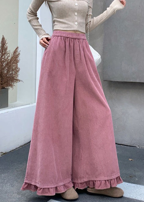 Pink Pockets Elastic Waist Corduroy Fall Pants Ruffled