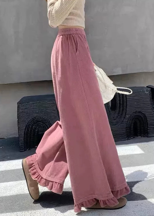 Pink Pockets Elastic Waist Corduroy Fall Pants Ruffled