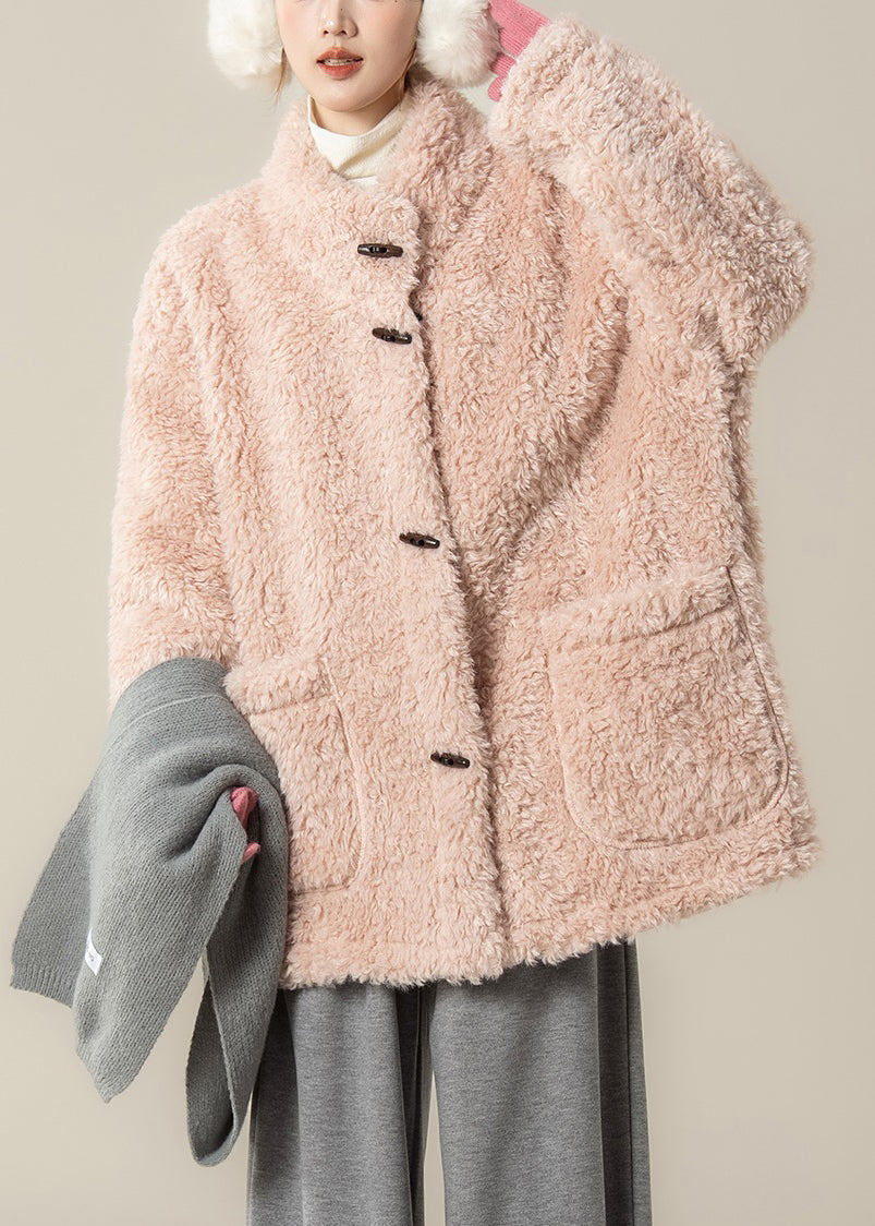 Pink Pockets Solid Teddy Faux Fur Coat Stand Collar