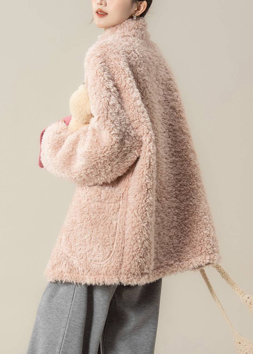 Pink Pockets Solid Teddy Faux Fur Coat Stand Collar