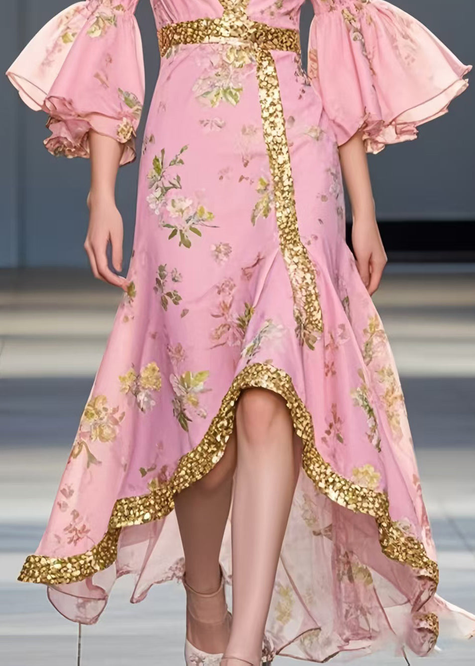Pink Print Chiffon Maxi Dresses Asymmetrical Flare Sleeve