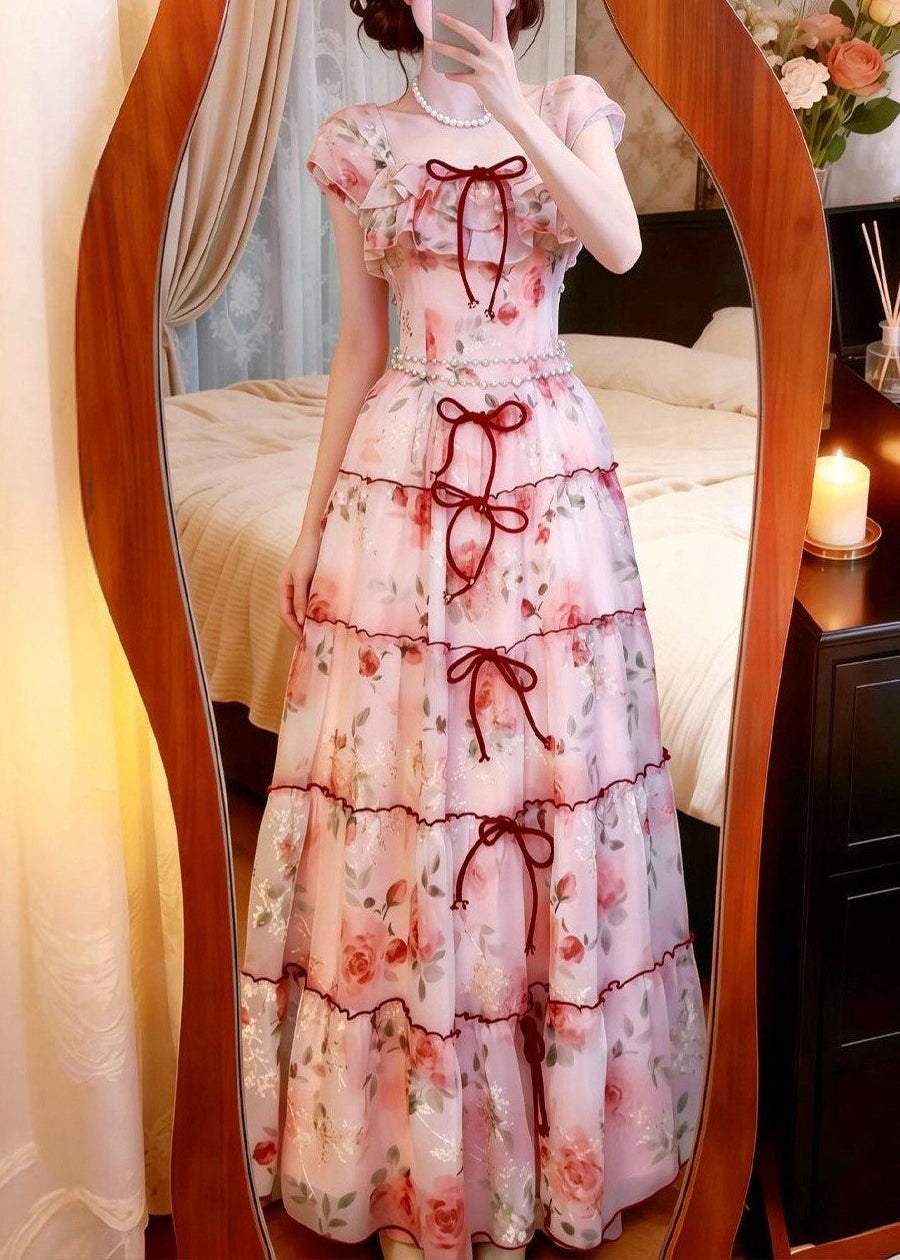 Pink Print Chiffon Vacation Dresses Exra Large Hem Summer