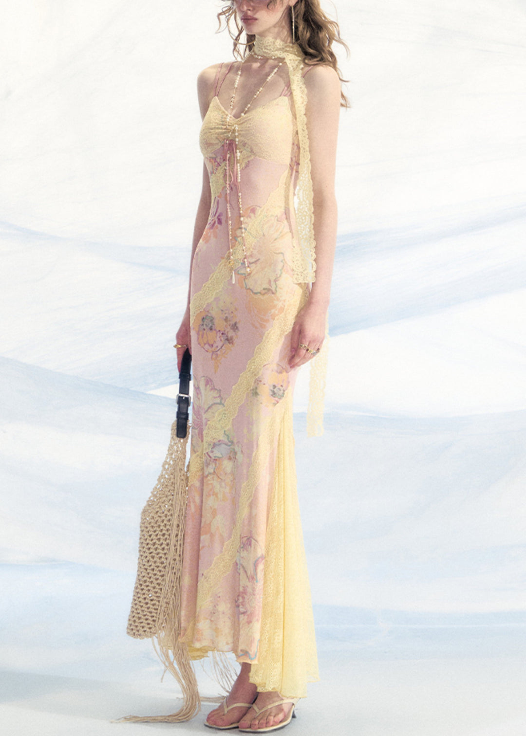 Pink Print Lace Patchwork Spaghetti Strap Dress V Neck Summer