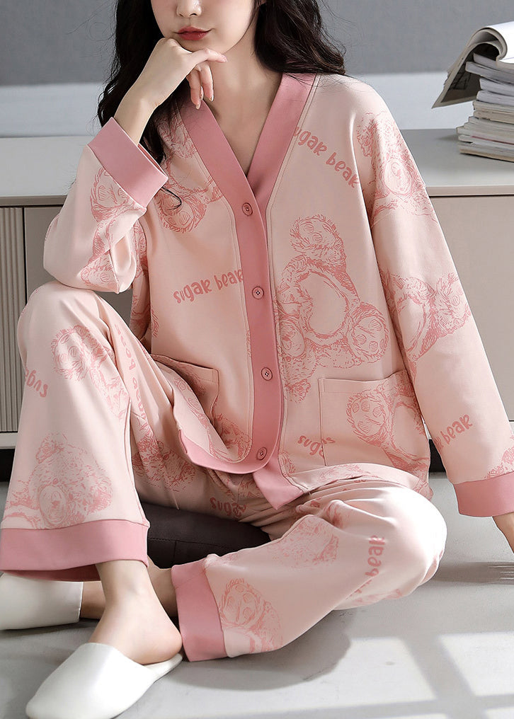 Pink Print Pockets Cotton Pajamas Two-Piece Set V Neck Fall