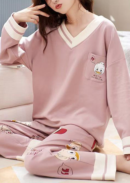 Pink Print Pockets Patchwork Cotton Pajamas Two-Piece Set V Neck Fall