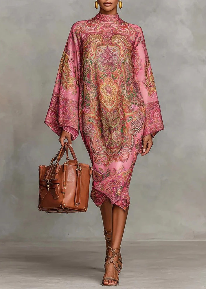 Pink Print Silk Dress Stand Collar Flare Sleeve