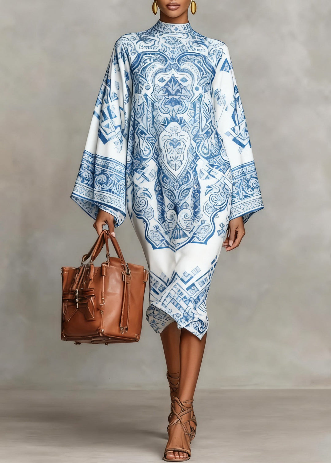 Pink Print Silk Dress Stand Collar Flare Sleeve