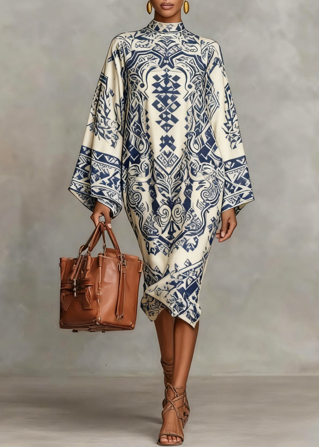 Pink Print Silk Dress Stand Collar Flare Sleeve