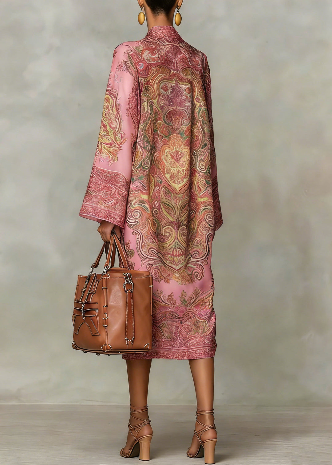 Pink Print Silk Dress Stand Collar Flare Sleeve