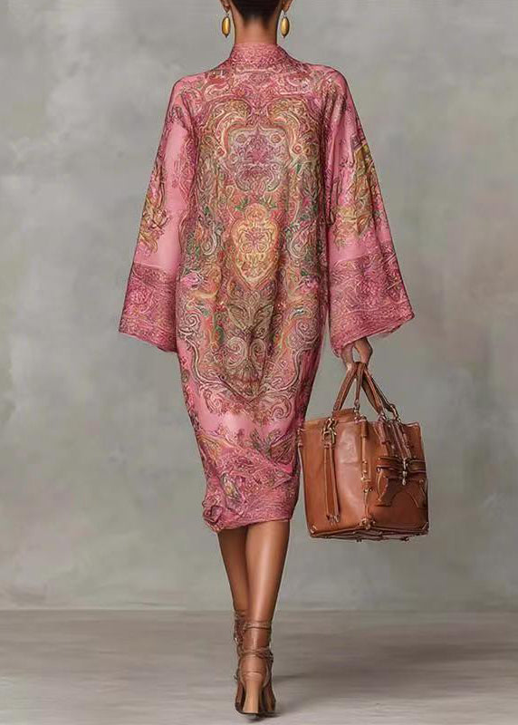 Pink Print Silk Dress Stand Collar Flare Sleeve