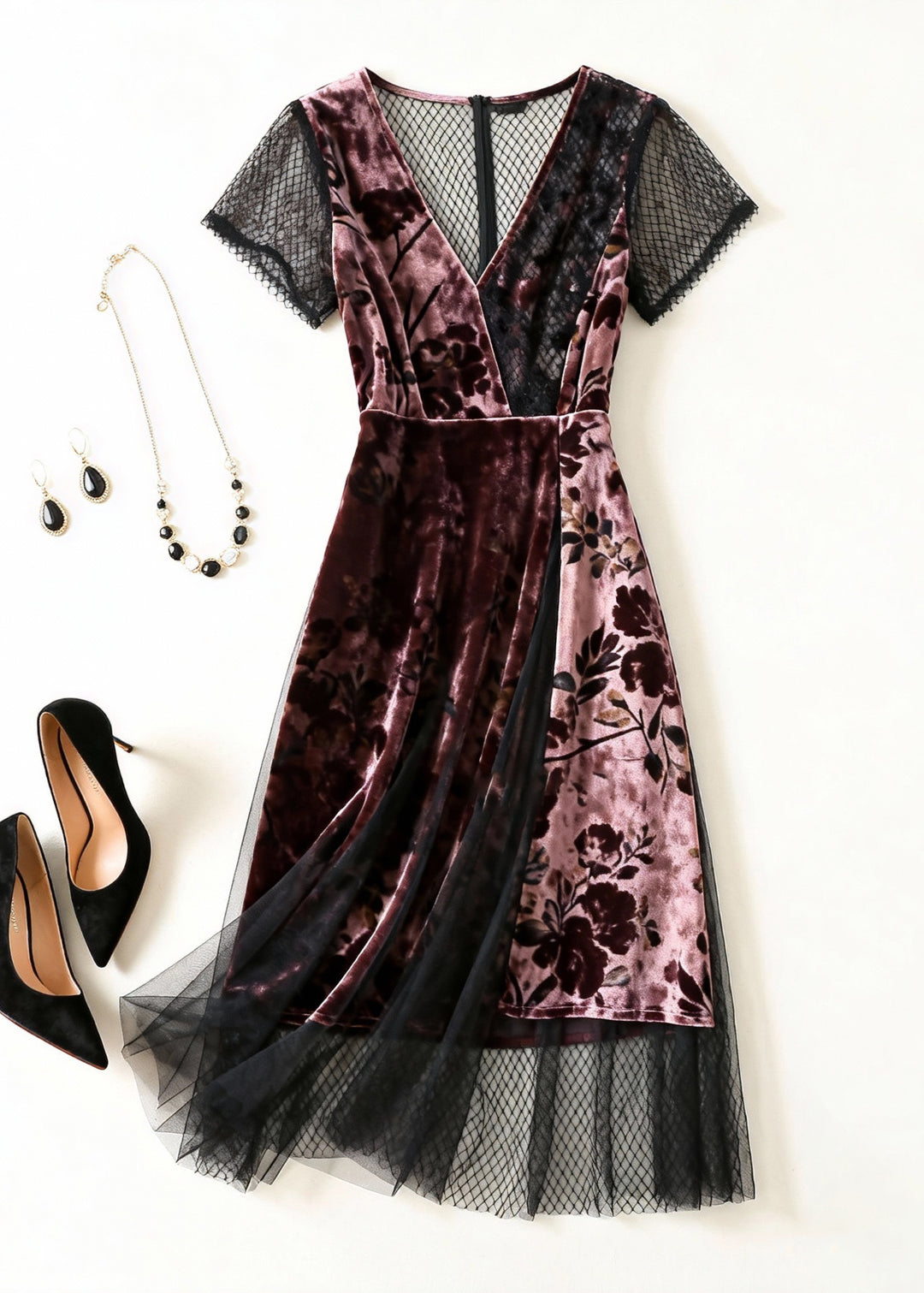 Pink Print Tulle Patchwork Silk Velvet Dress V Neck Summer