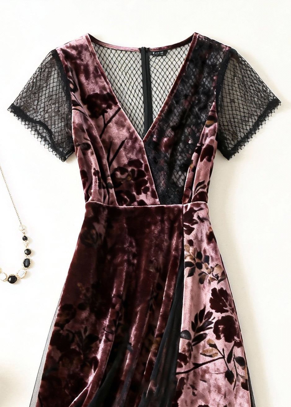 Pink Print Tulle Patchwork Silk Velvet Dress V Neck Summer