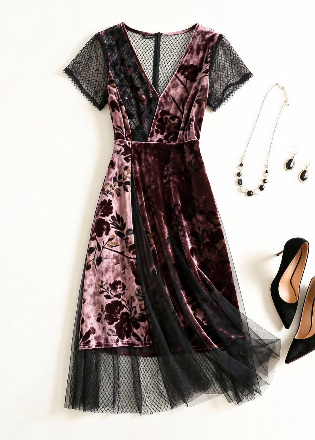 Pink Print Tulle Patchwork Silk Velvet Dress V Neck Summer