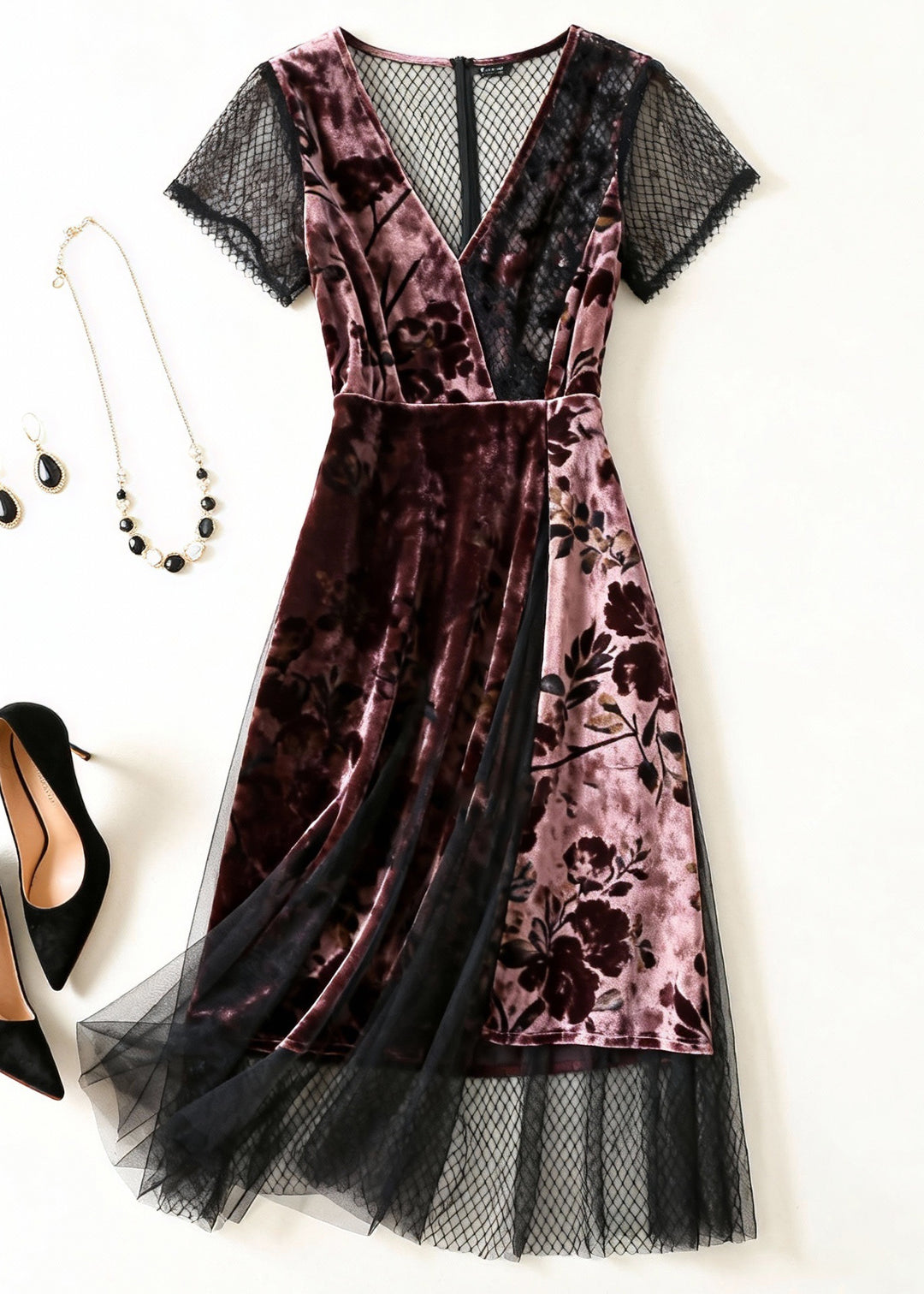 Pink Print Tulle Patchwork Silk Velvet Dress V Neck Summer