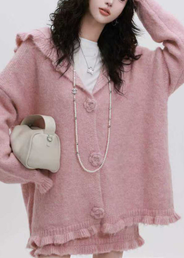 Pink Ruffled Patchwork Cotton Knit Hooded Cardigan And Skirts Two Piece Set Fall