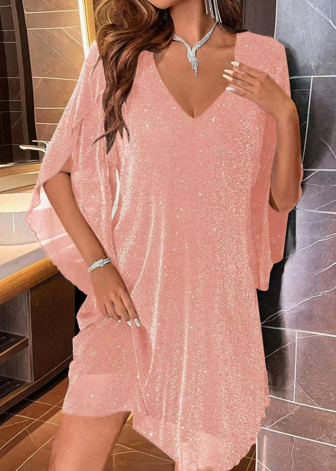 Pink Sequins Mini Dress V Neck Cloak Sleeves