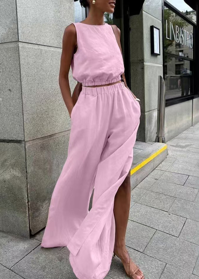Pink Silm Fit Linen Vests And Side Open Straight Pants Two-Piece Set Summer