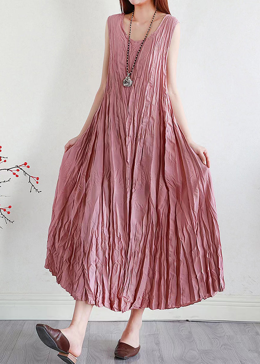 Pink Solid Silk Linen Long Dress O Neck Summer