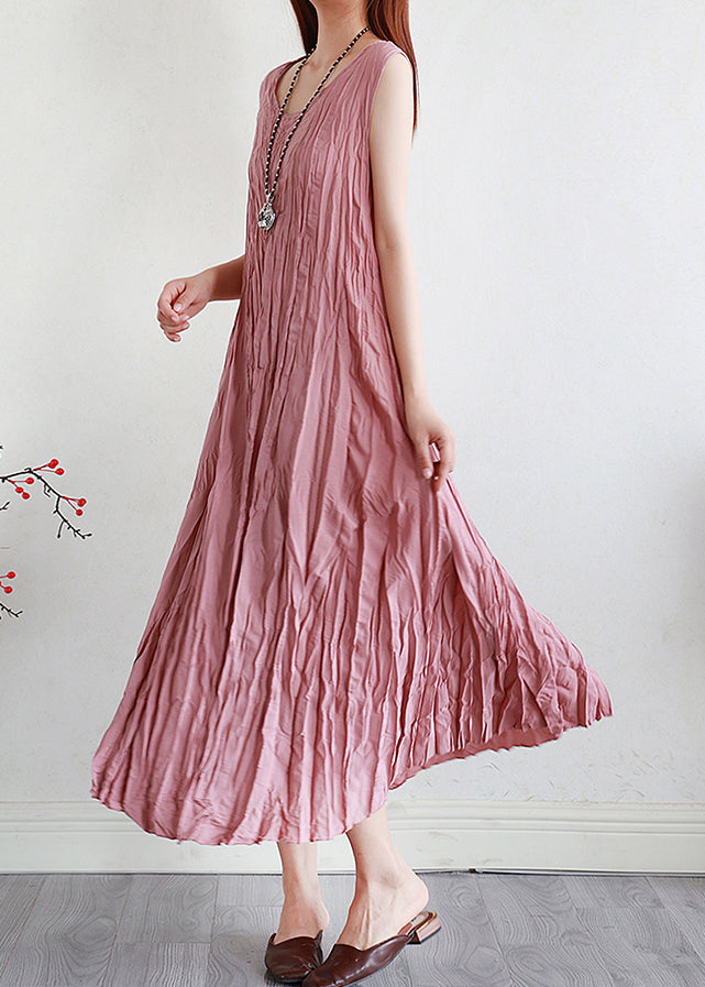 Pink Solid Silk Linen Long Dress O Neck Summer