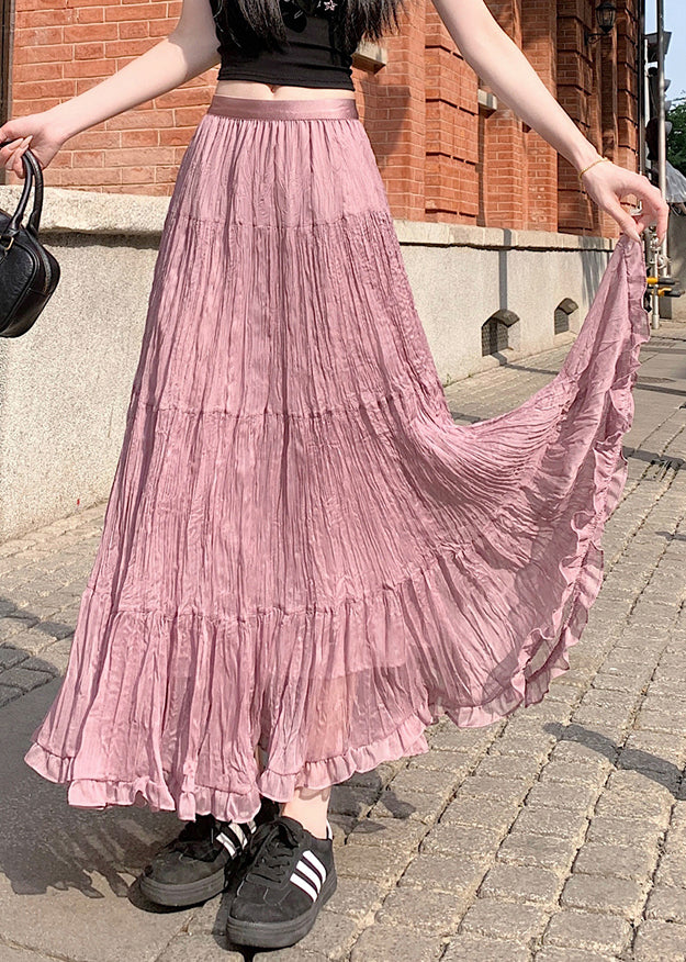 Pink Solid Tulle Pleated Skirt Elastic Waist