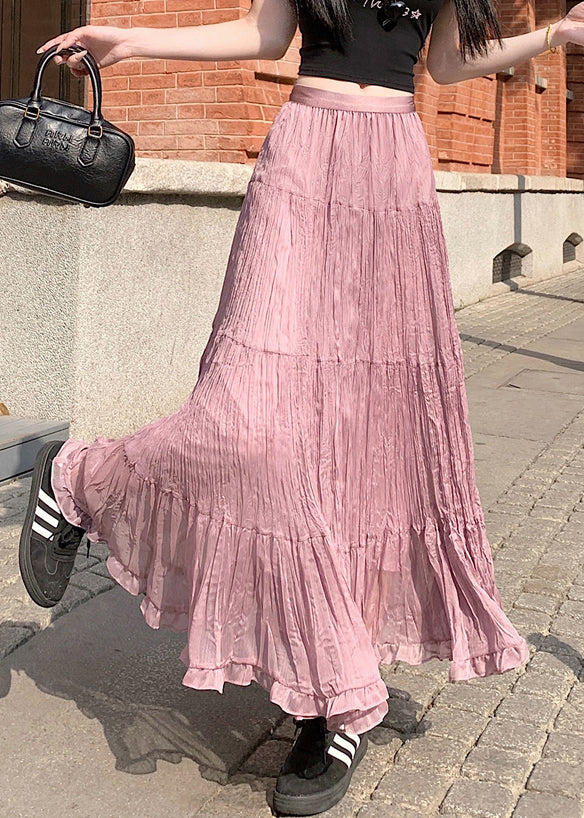 Pink Solid Tulle Pleated Skirt Elastic Waist