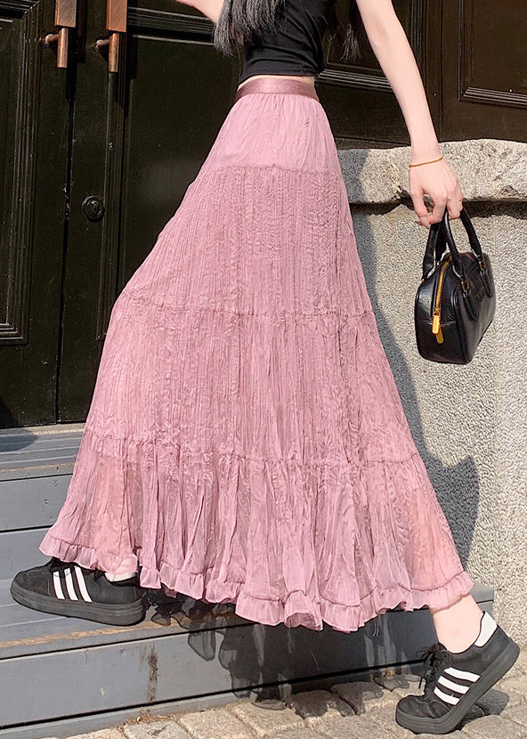 Pink Solid Tulle Pleated Skirt Elastic Waist