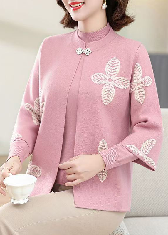 Pink Stand Collar Knit Coats And Sweaters Two-Piece Set Three Quarter Sleeve