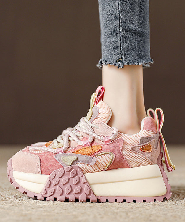 Pink Suede Breathable Mesh Splicing Platform Flat Shoes For Women