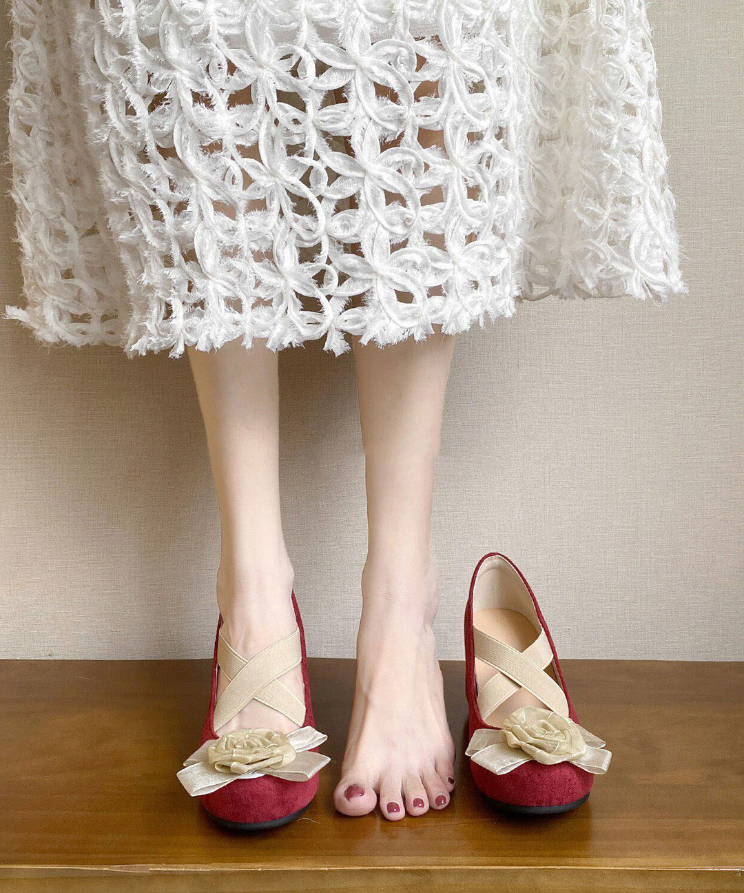 Pink Suede Cross Strap Floral Splicing High Wedge Heels Shoes